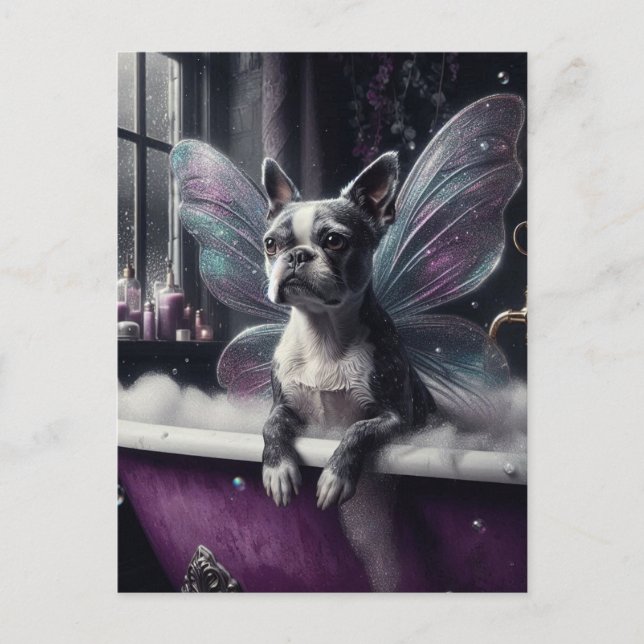 Niedliche Boston Terrier Fairy in einer Lila Badew Postkarte (Vorderseite)