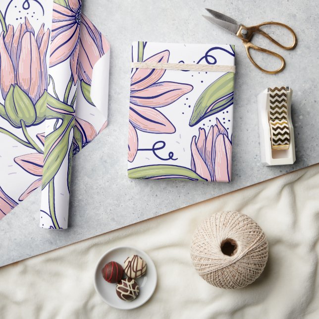 Niedliche botanische Blume rosa und grün Geschenkpapier (Kunsthandwerk)