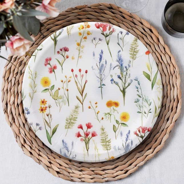 Niedliche Botanische Wildblume Kinderdusche Pappteller (Cute Watercolor Botanical Wildflower Baby Shower Paper Plates)