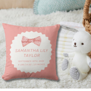 Niedliche Bow Birth Stats Neugeborenes Kinderwirbe Kissen
