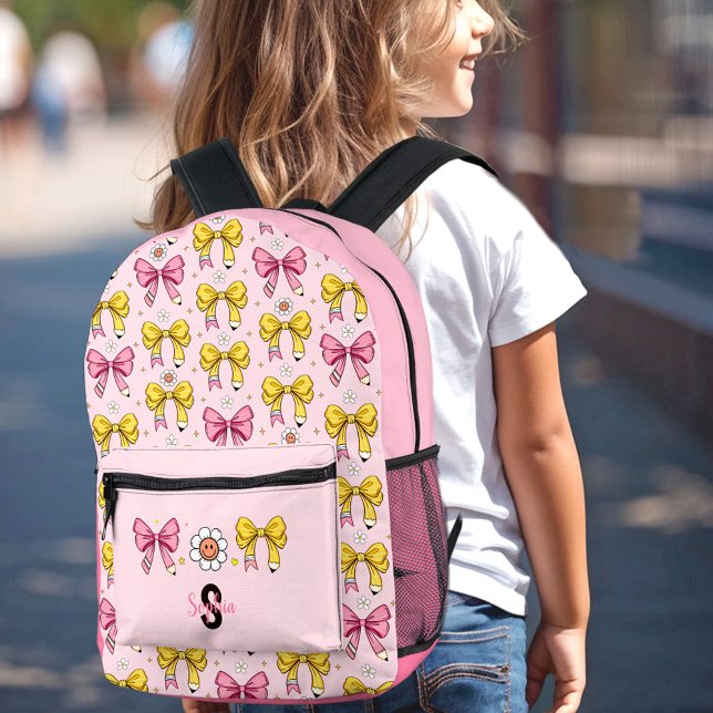 Niedliche Bow Pencil Coquette Retro Monogramm Bedruckter Rucksack (School Cute Bow Pencil Coquette Retro Monogram Printed Backpack)