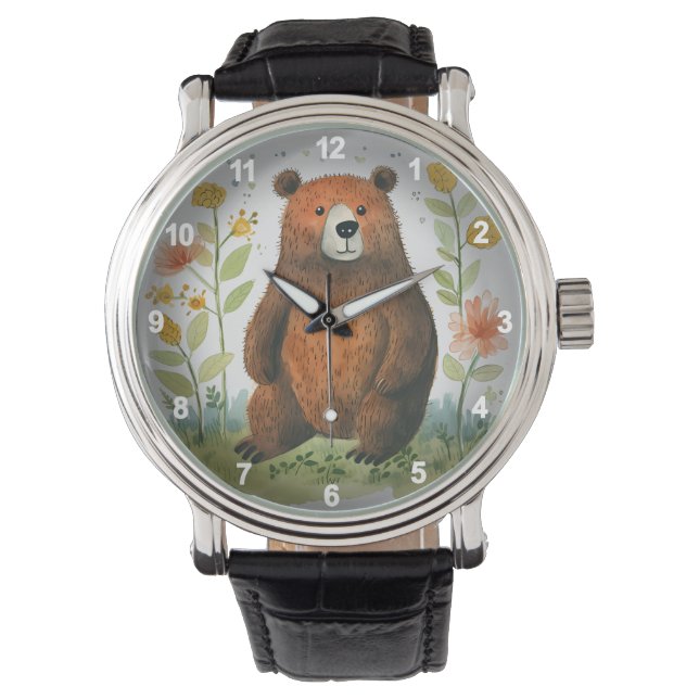 Niedliche Braunbärtiere Blumengartendesign Armbanduhr (Vorderseite)