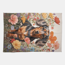 Niedliche braune Dackel und Kosmos-Blume Geschirrtuch