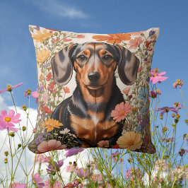 Niedliche braune Dackel und Kosmos-Blume Kissen