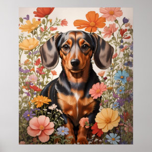 Niedliche braune Dackel und Kosmos-Blume Poster