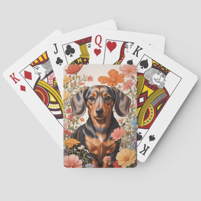 Niedliche braune Dackel und Kosmos-Blume Spielkarten (Rückseite)