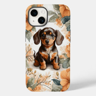 Niedliche braune Dackel Welpe Peach Floral Case-Mate iPhone 14 Hülle