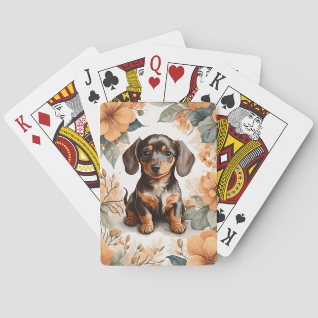 Niedliche braune Dackel Welpe Peach Floral Spielkarten (Rückseite)
