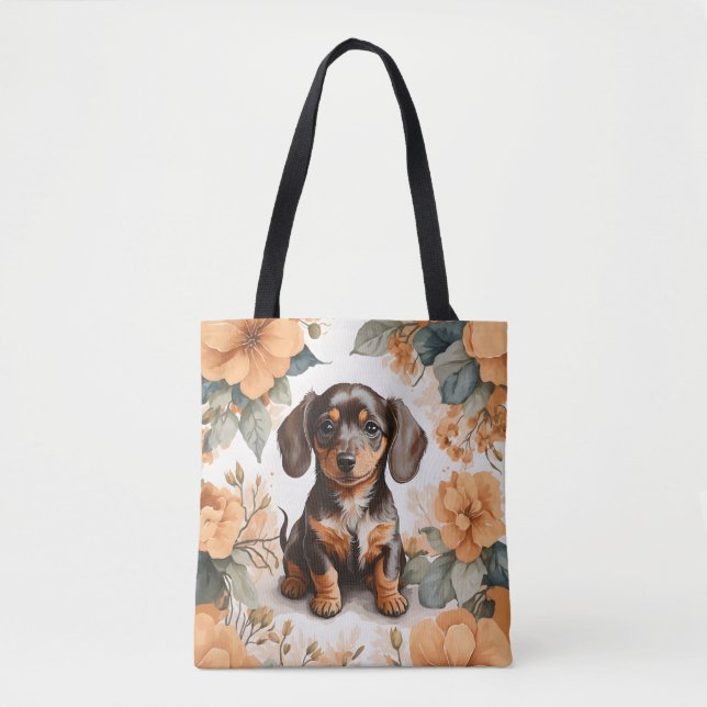 Niedliche braune Dackel Welpe Peach Floral Tasche (Vorderseite)