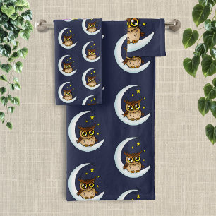 Niedliche Braune Eule Halbmond Sterne Blau Badhandtuch Set
