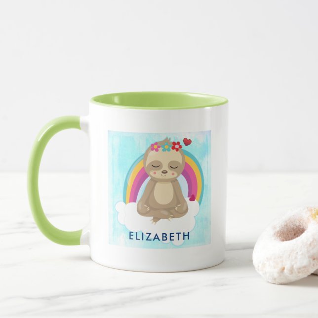 Niedliche braune Fahne, meditierend auf einer Wolk Tasse (Mit Donut)