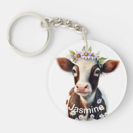 Niedliche braune Kuh Ihr Name Blumenfarm Schlüsselanhänger