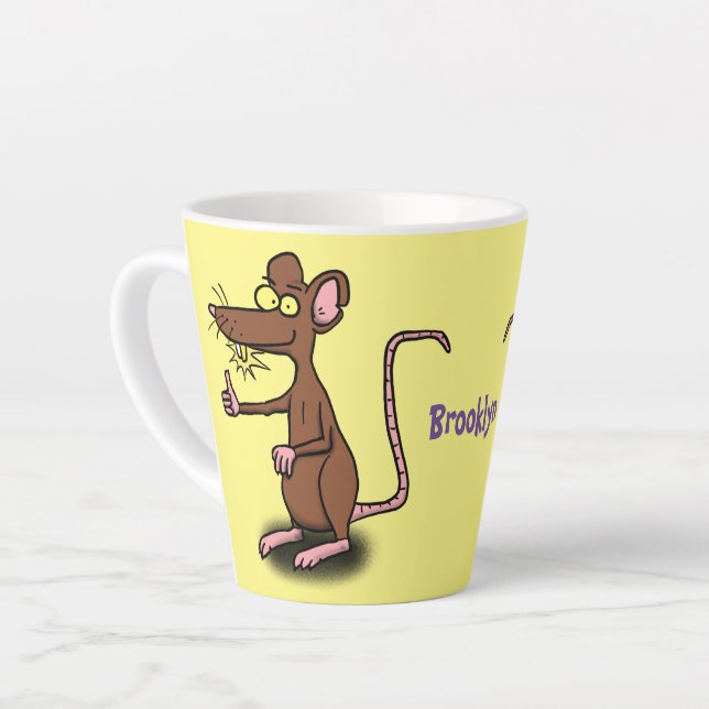 Niedliche braune Ratte hält Cartoon hoch Milchtasse (Linke Ecke)
