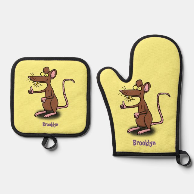 Niedliche braune Ratte hält Cartoon hoch Ofenhandschuh & Topflappen-Set (Vorderseite)