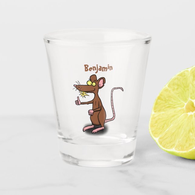 Niedliche braune Ratte hält Cartoon hoch Schnapsglas (Vorderseite)
