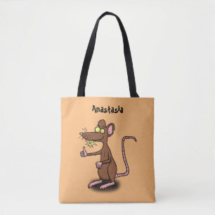 Niedliche braune Ratte hält Cartoon hoch Tasche