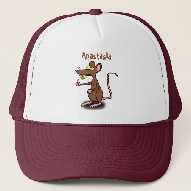 Niedliche braune Ratte hält Cartoon hoch Truckerkappe (Vorderseite)
