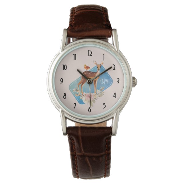 Niedliche Braune Wasserfarbe Hirsche Rustikale Ele Armbanduhr (Vorderseite)