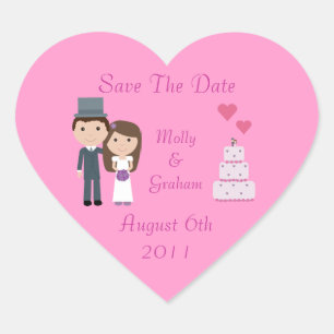 Niedliche Braut & Bräutigam und Pink Save the Date Herz-Aufkleber
