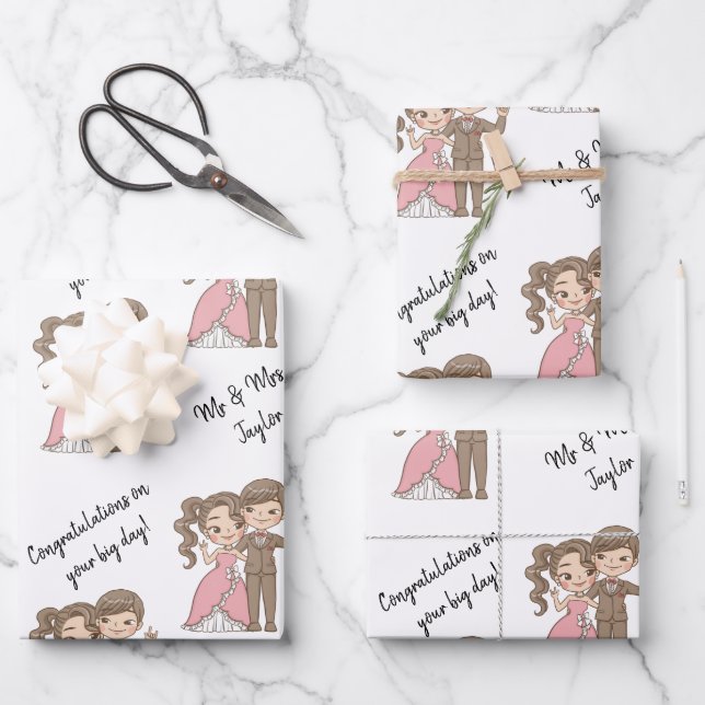 Niedliche Braut und Groom-Namen Weiß Geschenkpapier Set (Vorderseite)