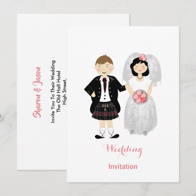 Niedliche Braut und Groom Scottish Wedding Theme Einladung (Vorne/Hinten)
