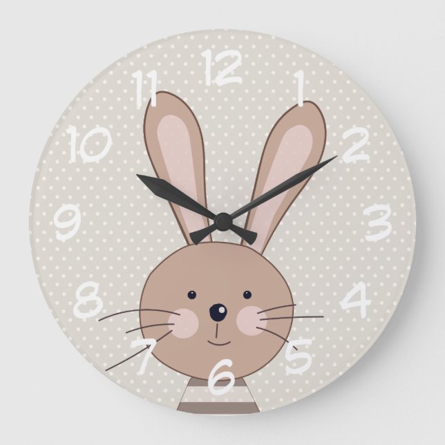 Niedliche Brown-Häschen-Beige-Punkte Große Wanduhr (Vorderseite)