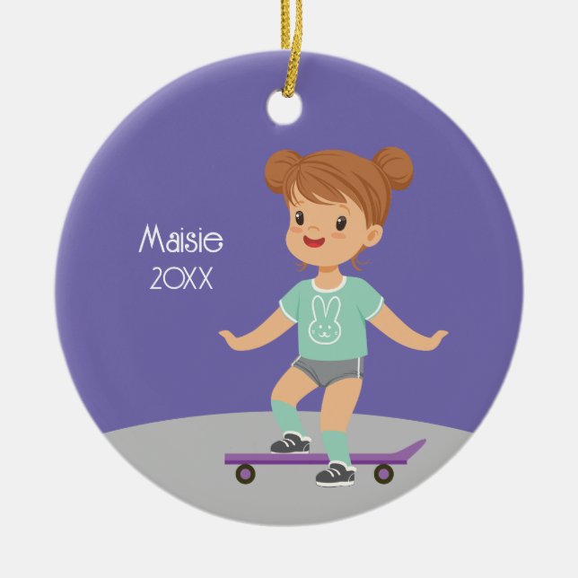 Niedliche Brünette Girl-Skateboard Keramik Ornament (Vorne)