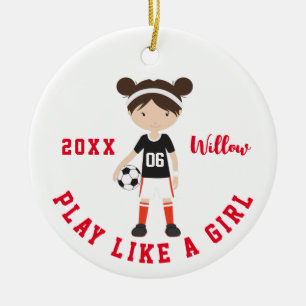 Niedliche Brünette Girl Soccer Personalisierte Wei Keramik Ornament