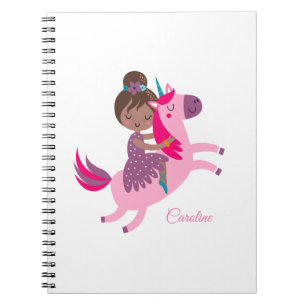 Niedliche Brünette Hair Riding on a Unicorn Notizblock