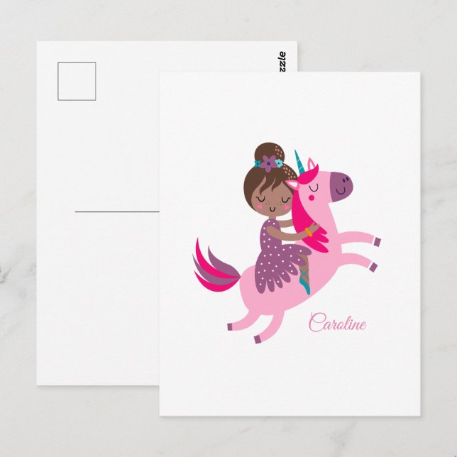 Niedliche Brünette Hair Riding on a Unicorn Postkarte (Vorne/Hinten)