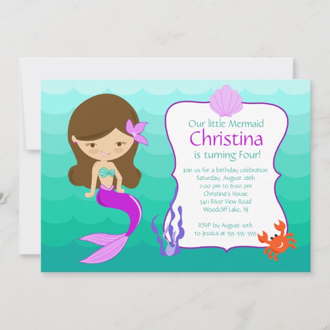 Niedliche Brünette Mermaid zum Geburtstag Einladun Einladung (Vorderseite)