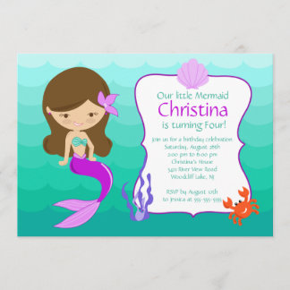 Niedliche Brünette Mermaid zum Geburtstag Einladun Einladung