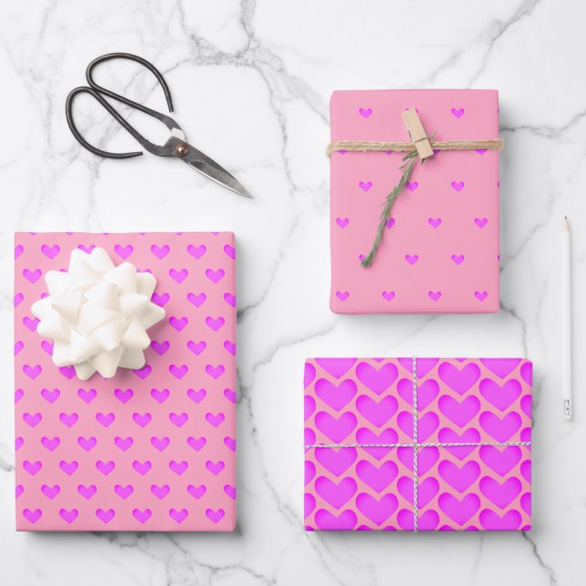 Niedliche Bubblegum Pink Lilac Liebe Herzchen Vale Geschenkpapier Set (Vorderseite)