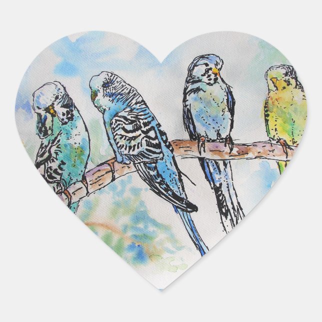 Niedliche Budgie Budgethilfen Vogel Wasserfarben K Herz-Aufkleber (Vorderseite)