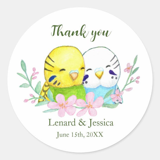 Niedliche Budgies Couple Custom Wedding Gefallen-G Runder Aufkleber (Vorderseite)
