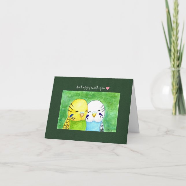 Niedliche Budgies Parakeet Couple Snuggling Jubilä Karte (Vorderseite)