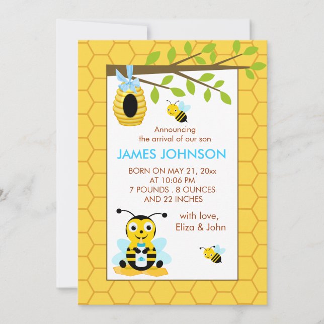 Niedliche Bumble Bee Boy Baby Announccard Ankündigung (Vorderseite)