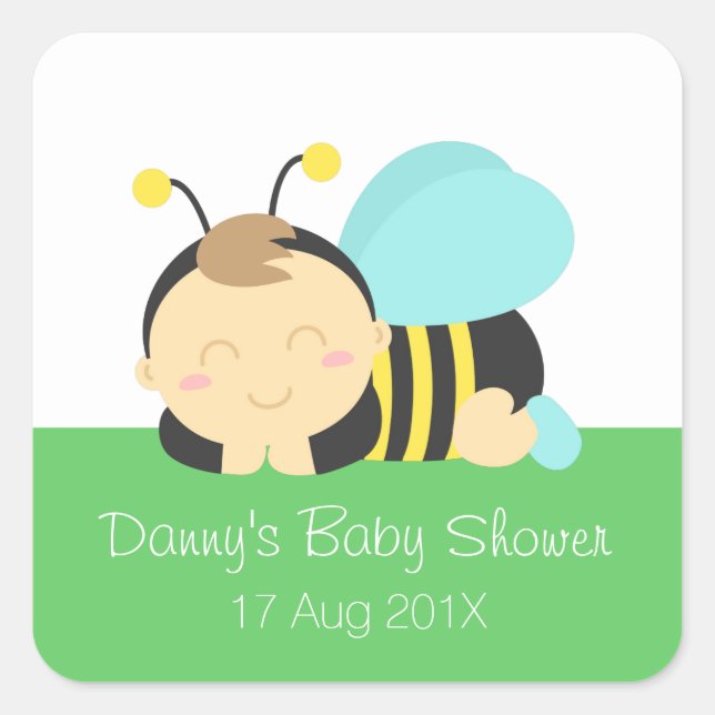 Niedliche Bumble Bee Boy Babydusche Quadratischer Aufkleber (Vorderseite)
