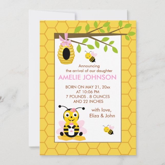 Niedliche Bumble Bee Girl Geburtstagskarte Ankündigung (Vorderseite)