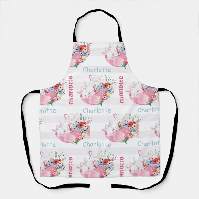 Niedliche Bunnies auf rosa Blumenmuster Name Schürze (Vorderseite)