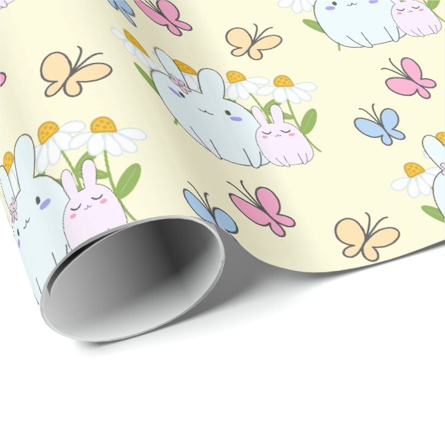 Niedliche Bunnies mit Daisies und Schmetterlingsmu Geschenkpapier (Rolleneckpunkt)
