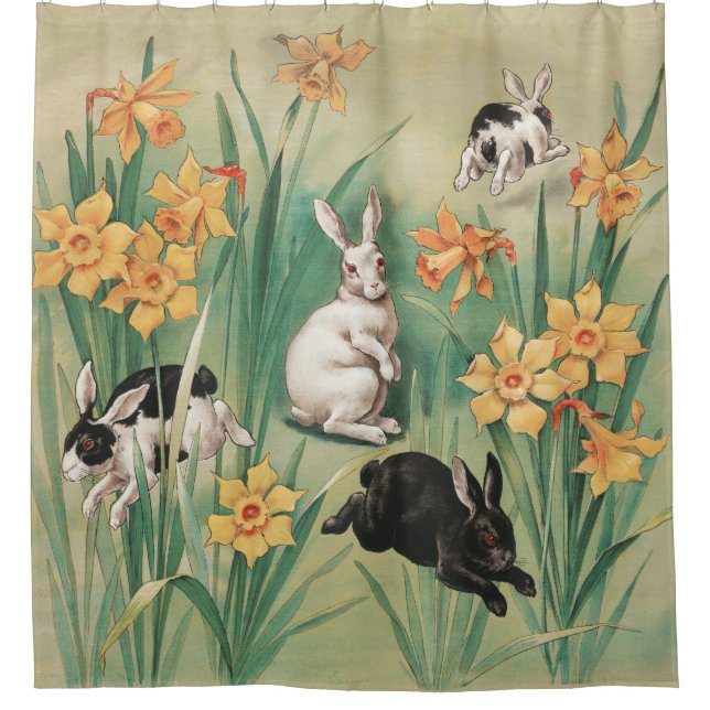 Niedliche Bunnies mit düsteren Blume Antikes Oster Duschvorhang (Vorderseite)
