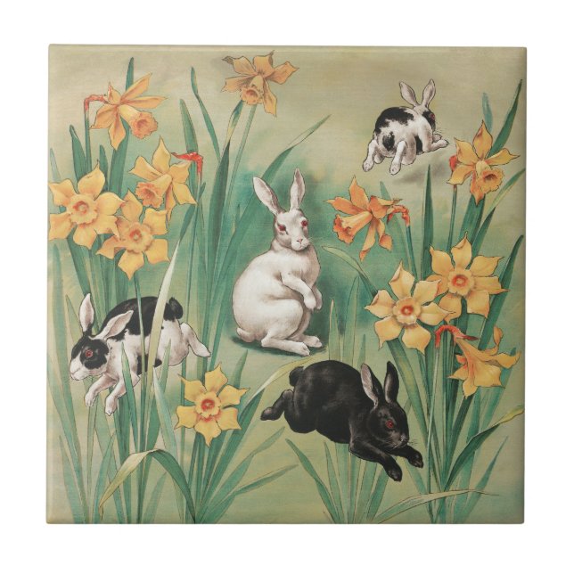 Niedliche Bunnies mit düsteren Blume Antikes Oster Fliese (Vorderseite)