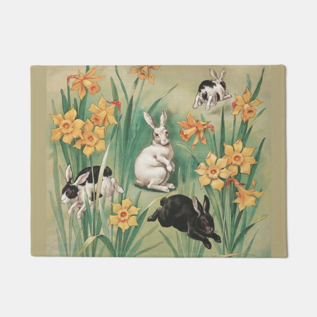 Niedliche Bunnies mit düsteren Blume Antikes Oster Fußmatte (Vorderseite)