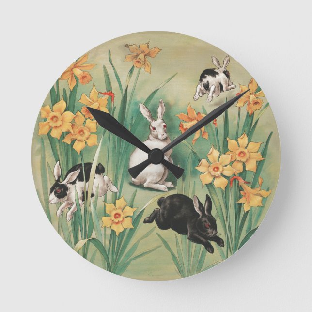 Niedliche Bunnies mit düsteren Blume Antikes Oster Runde Wanduhr (Vorderseite)