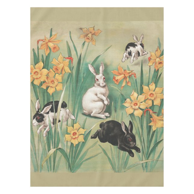 Niedliche Bunnies mit düsteren Blume Antikes Oster Tischdecke (Vorderseite)