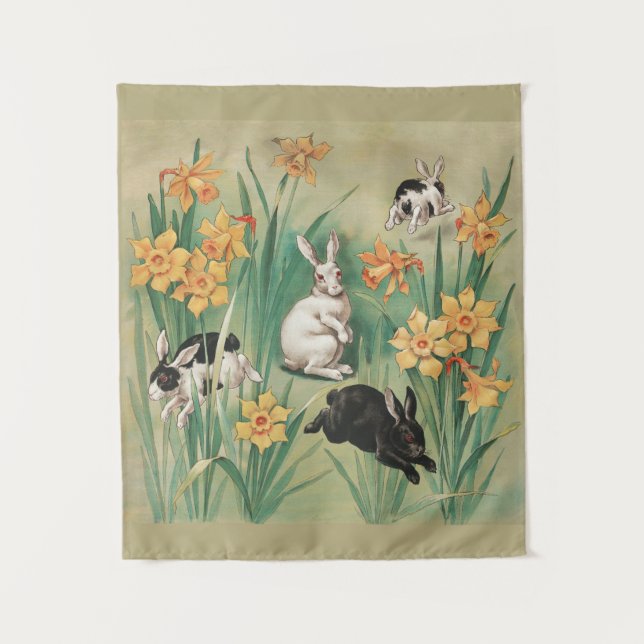 Niedliche Bunnies mit düsteren Blume Antikes Oster Wandteppich (Vorderseite)