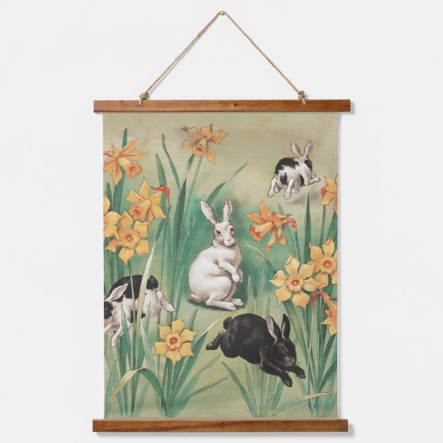 Niedliche Bunnies mit düsteren Blume Antikes Oster Wandteppich Mit Holzrahmen (Vorderseite)