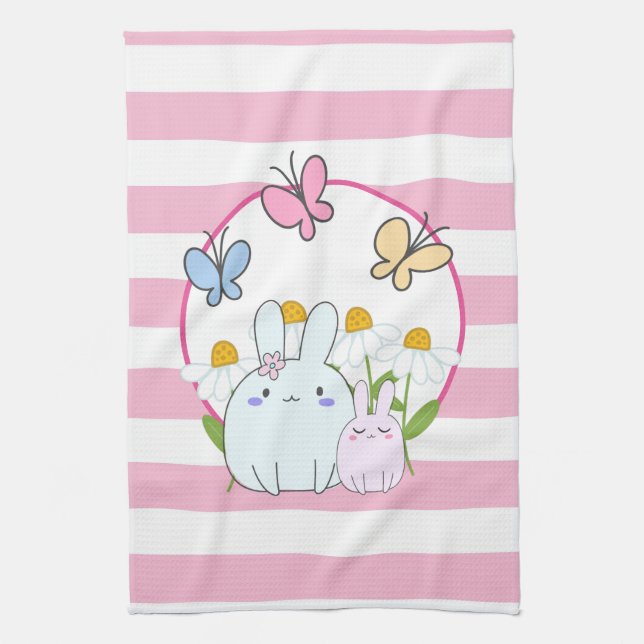 Niedliche Bunnies mit Frühlingsmessen und Schmette Geschirrtuch (Vertikal)