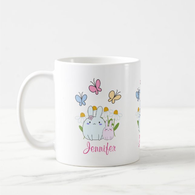 Niedliche Bunnies mit Frühlingsmessen und Schmette Kaffeetasse (Links)